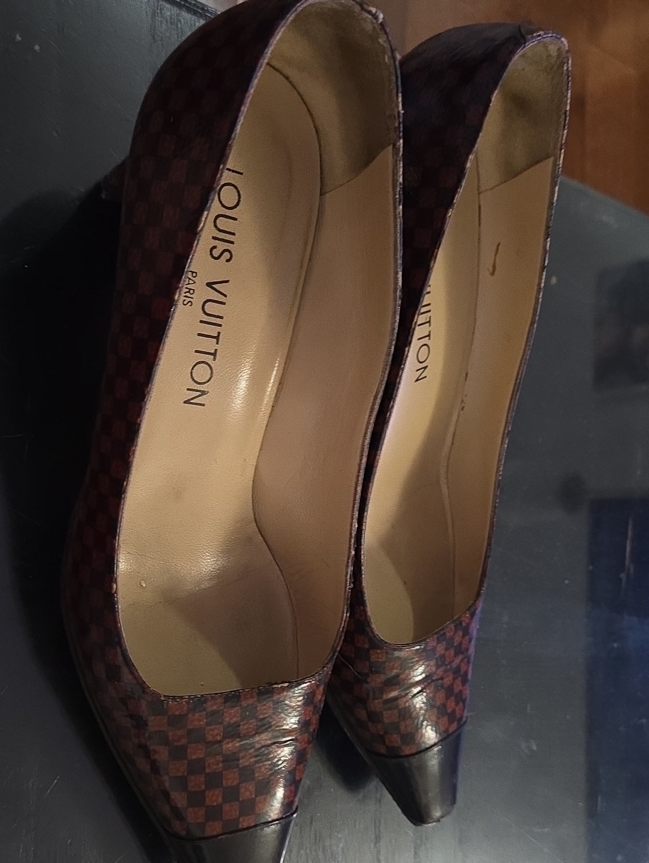 Louis Vuitton Brown Damier Pointed-Toe Pumps With Dark Cap